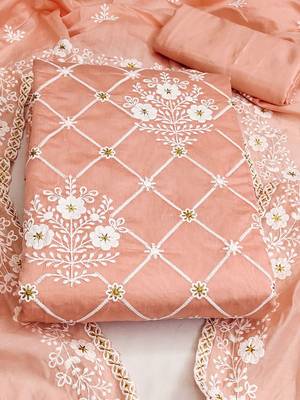 Floral Embroidered Thread Work Chanderi Cotton Unstitched Dress Material 2