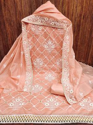 Floral Embroidered Thread Work Chanderi Cotton Unstitched Dress Material 3
