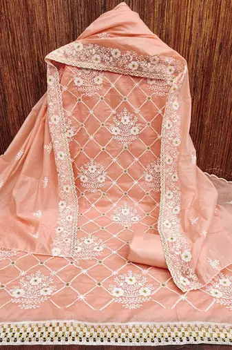 Floral Embroidered Thread Work Chanderi Cotton Unstitched Dress Material