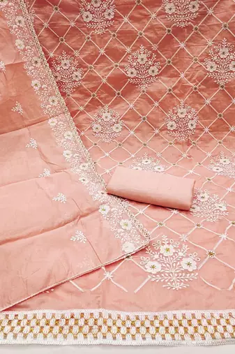 Floral Embroidered Thread Work Chanderi Cotton Unstitched Dress Material