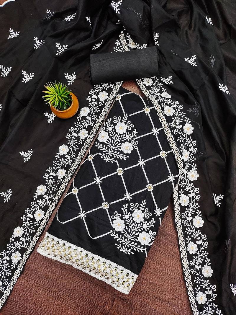 Floral Embroidered Thread Work Chanderi Cotton Unstitched Dress Material