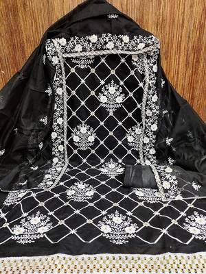 Floral Embroidered Thread Work Chanderi Cotton Unstitched Dress Material 2
