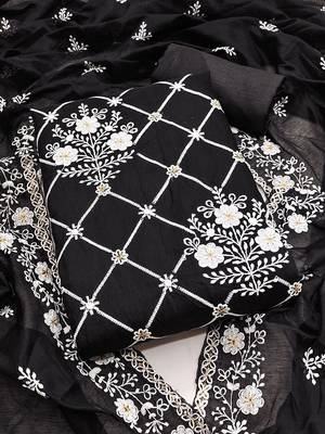 Floral Embroidered Thread Work Chanderi Cotton Unstitched Dress Material 3