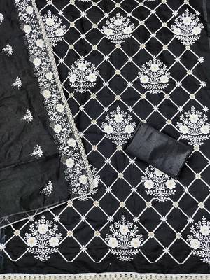 Floral Embroidered Thread Work Chanderi Cotton Unstitched Dress Material 4