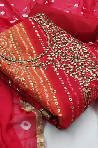 Bandhani Printed Beads And Stones Unstitched Dress Material