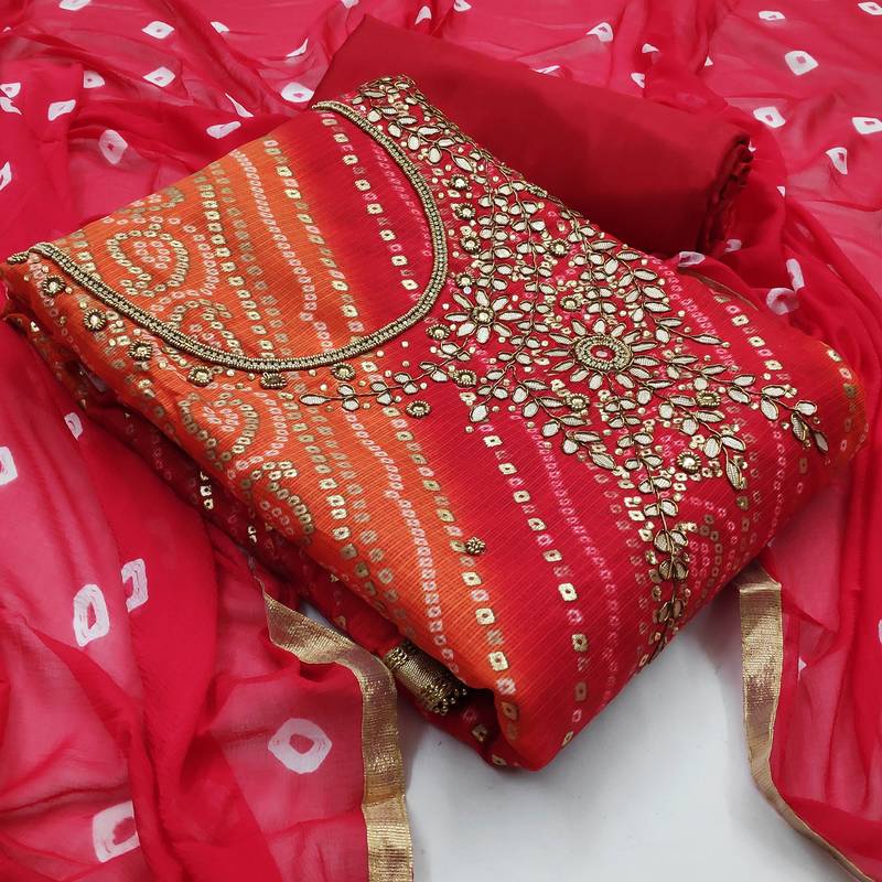 Bandhani Printed Beads And Stones Unstitched Dress Material