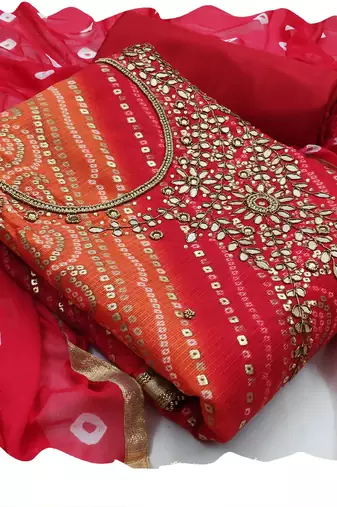 Bandhani Printed Beads And Stones Unstitched Dress Material