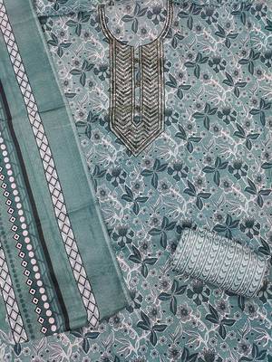 Floral Printed Sequinned Pure Cotton Unstitched Dress Material 3