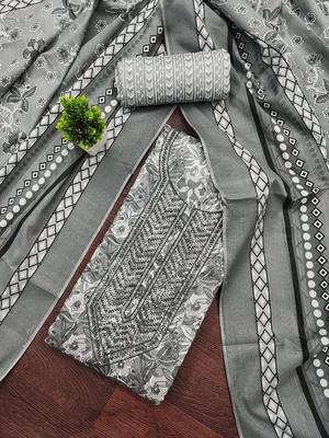 Floral Printed Thread Work Cotton Unstitched Dress Material 1