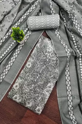 Floral Printed Thread Work Cotton Unstitched Dress Material