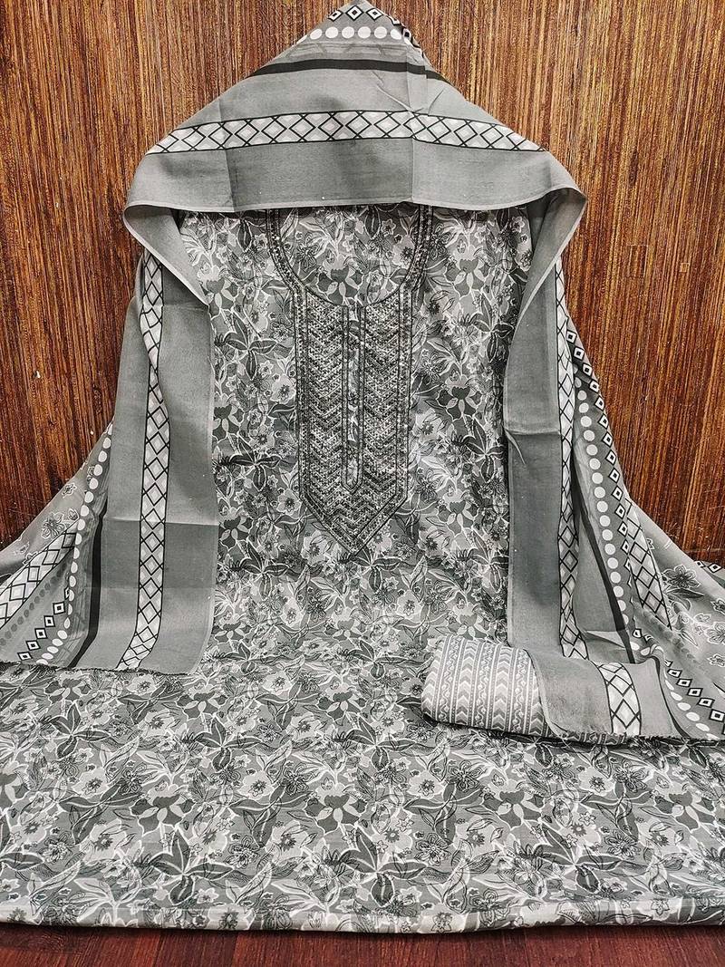 Floral Printed Thread Work Cotton Unstitched Dress Material