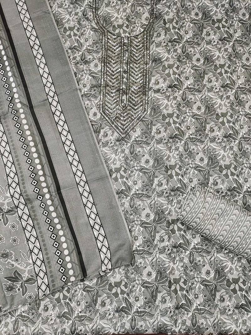 Floral Printed Thread Work Cotton Unstitched Dress Material