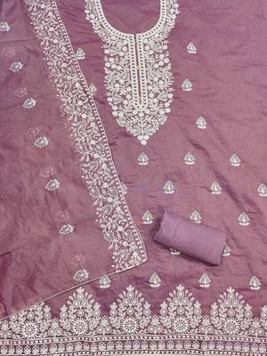 Floral Embroidered Chanderi Cotton Unstitched Dress Material 3
