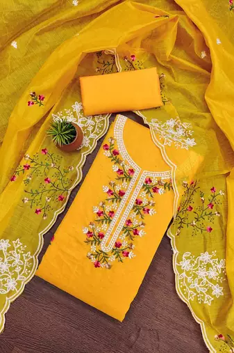 Floral Embroidered Chanderi Cotton Unstitched Dress Material