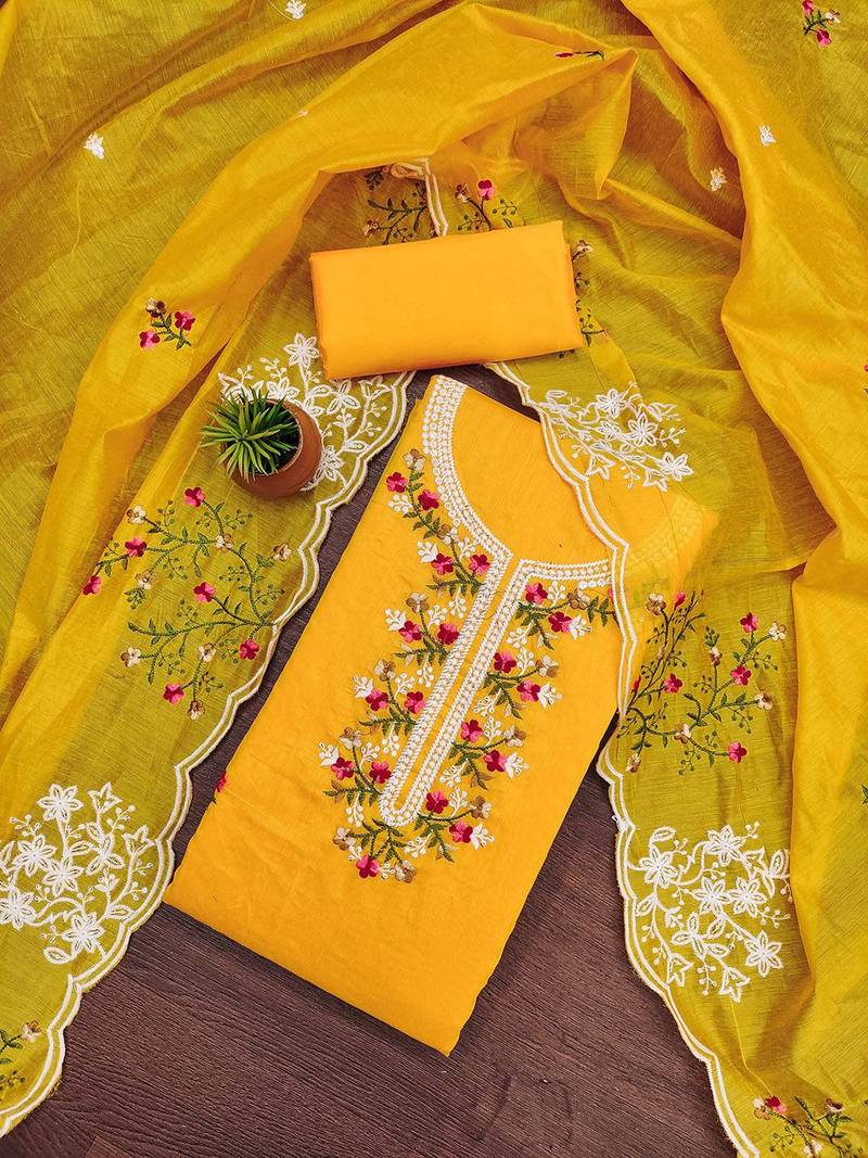Floral Embroidered Chanderi Cotton Unstitched Dress Material