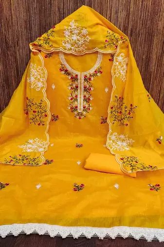 Floral Embroidered Chanderi Cotton Unstitched Dress Material