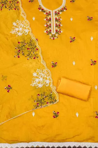 Floral Embroidered Chanderi Cotton Unstitched Dress Material
