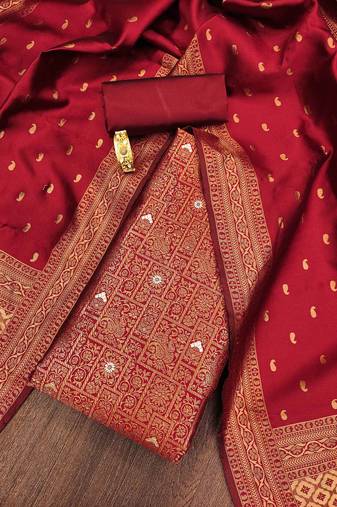 Floral Woven Design Zari Work Jacquard Silk Unstitched Dress Material
