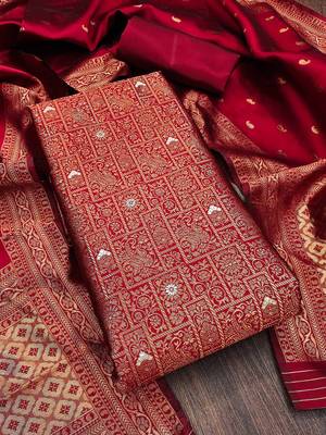 Floral Woven Design Zari Work Jacquard Silk Unstitched Dress Material 2