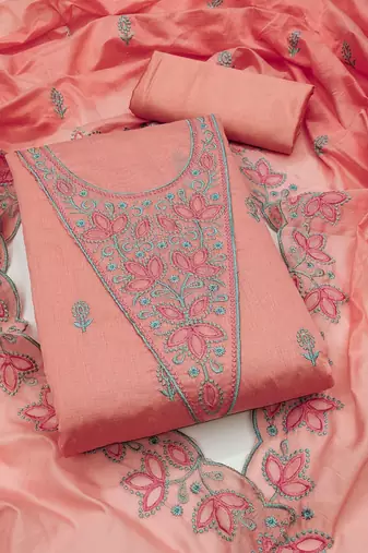 Floral Embroidered Chanderi Cotton Unstitched Dress Material