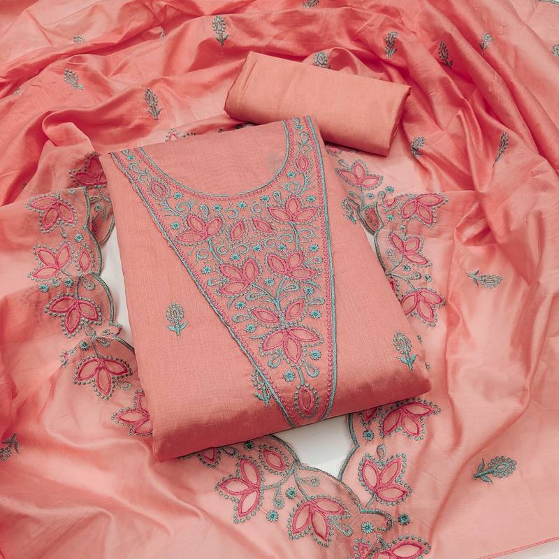 Floral Embroidered Chanderi Cotton Unstitched Dress Material