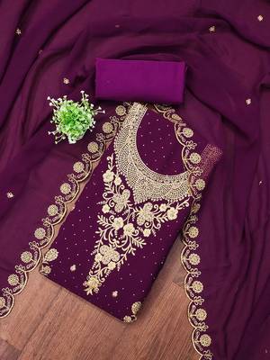 Floral Embroidered Beads & Stones Georgette Unstitched Dress Material 1
