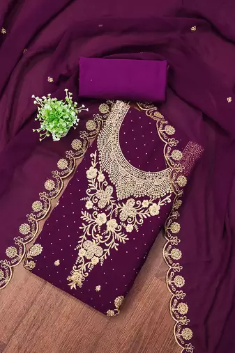 Floral Embroidered Beads & Stones Georgette Unstitched Dress Material