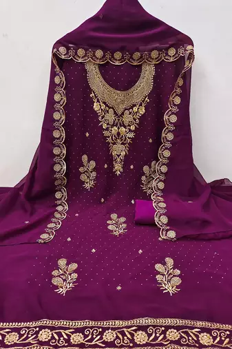 Floral Embroidered Beads & Stones Georgette Unstitched Dress Material
