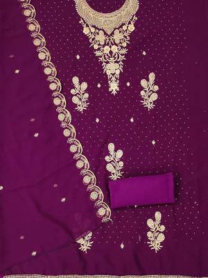 Floral Embroidered Beads & Stones Georgette Unstitched Dress Material 3