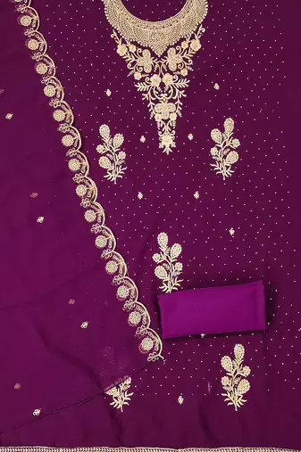 Floral Embroidered Beads & Stones Georgette Unstitched Dress Material
