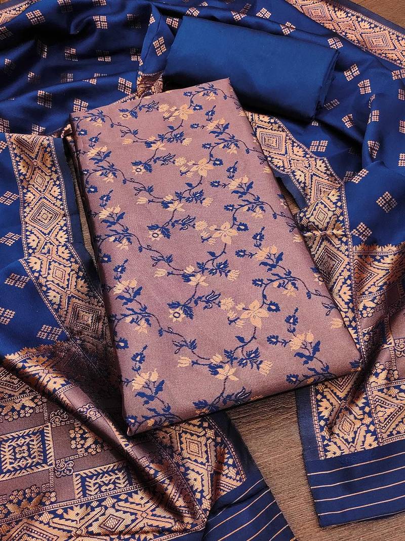 Floral Woven Design Jacquard Silk Zari Unstitched Dress Material