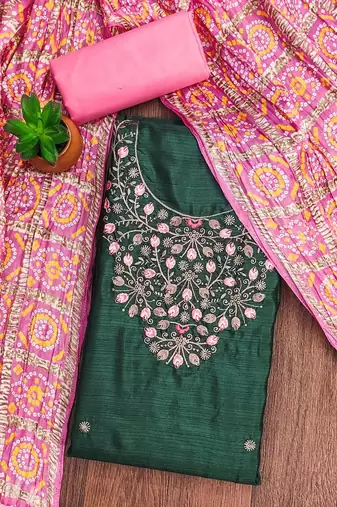 Floral Embroidered Embellished Cotton Unstitched Dress Material