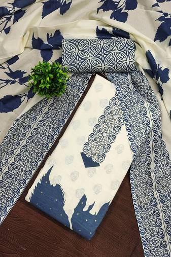 Floral Printed Beads And Stones Cotton Unstitched Dress Material