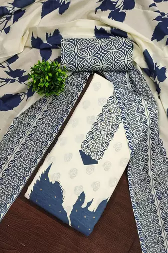 Floral Printed Beads And Stones Cotton Unstitched Dress Material
