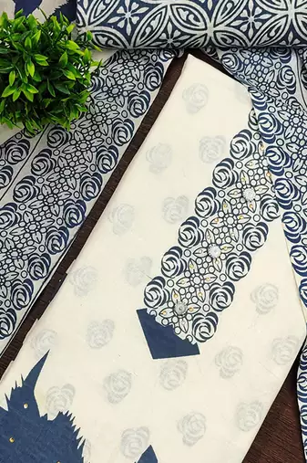 Floral Printed Beads And Stones Cotton Unstitched Dress Material