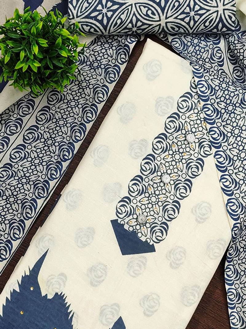 Floral Printed Beads And Stones Cotton Unstitched Dress Material