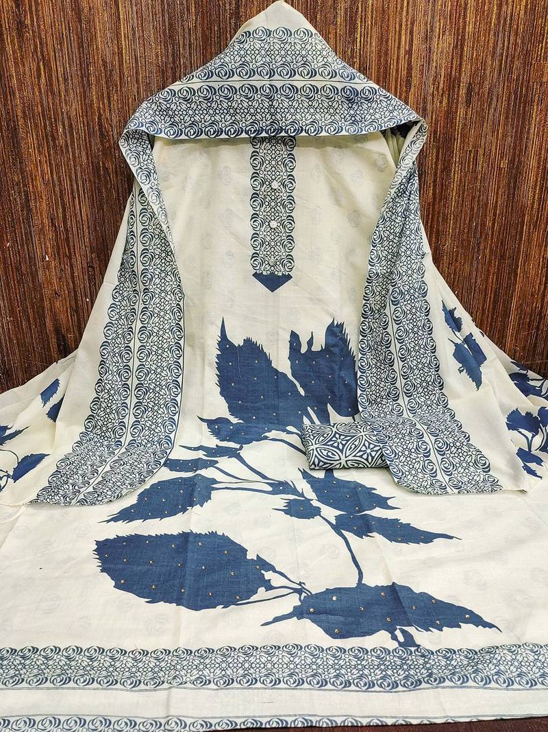 Floral Printed Beads And Stones Cotton Unstitched Dress Material