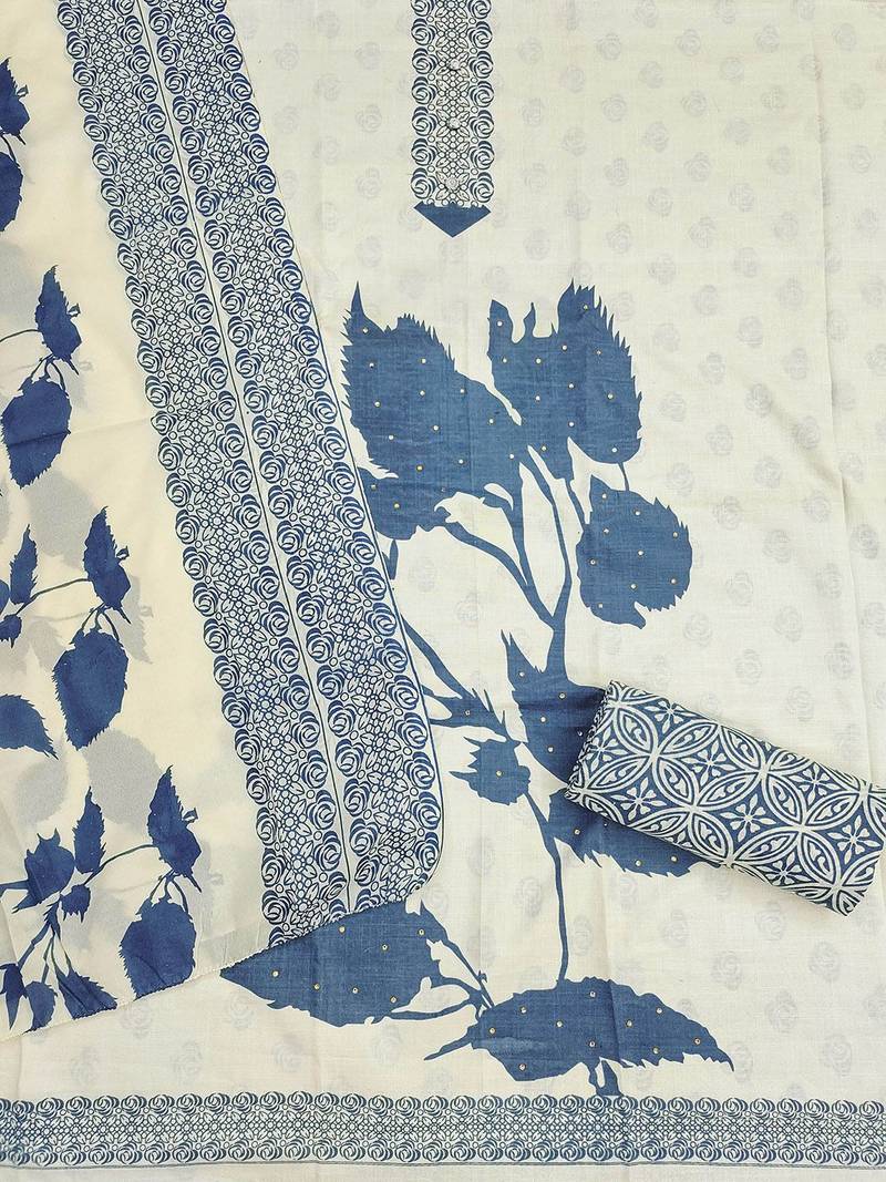 Floral Printed Beads And Stones Cotton Unstitched Dress Material