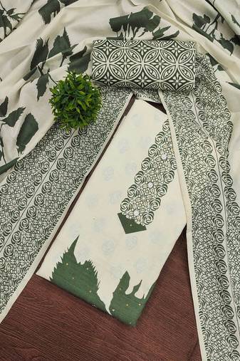 Floral Printed Beads And Stones Cotton Unstitched Dress Material
