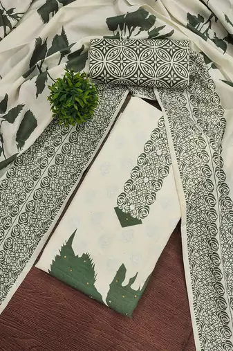 Floral Printed Beads And Stones Cotton Unstitched Dress Material