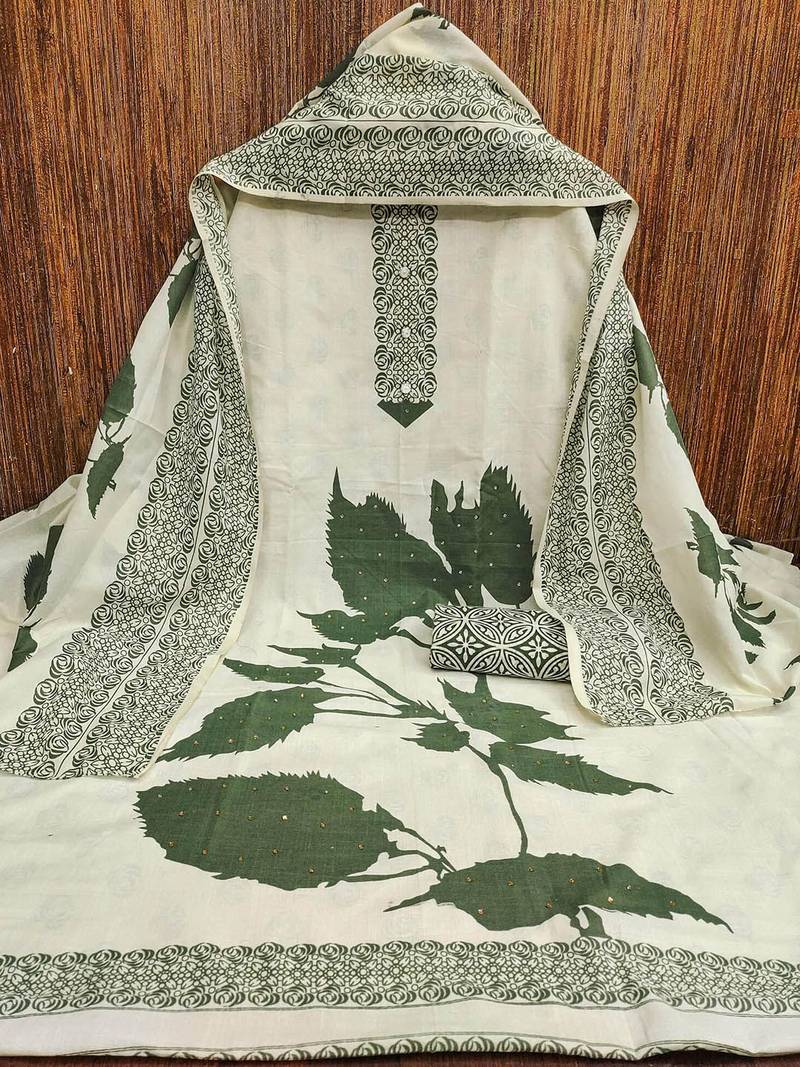 Floral Printed Beads And Stones Cotton Unstitched Dress Material