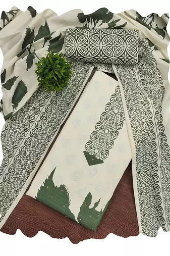 Floral Printed Beads And Stones Cotton Unstitched Dress Material