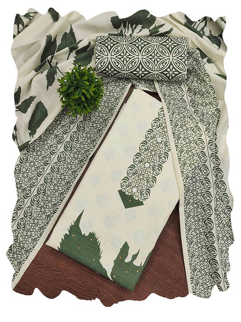 Floral Printed Beads And Stones Cotton Unstitched Dress Material