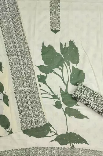 Floral Printed Beads And Stones Cotton Unstitched Dress Material