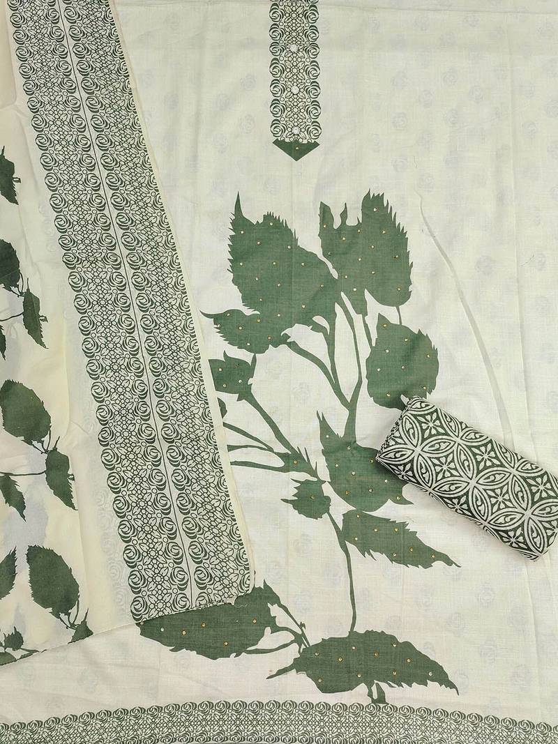 Floral Printed Beads And Stones Cotton Unstitched Dress Material