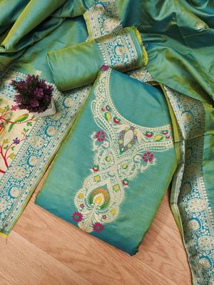 Ethnic Motifs Woven Design Zari Pure Silk Unstitched Dress Material 1