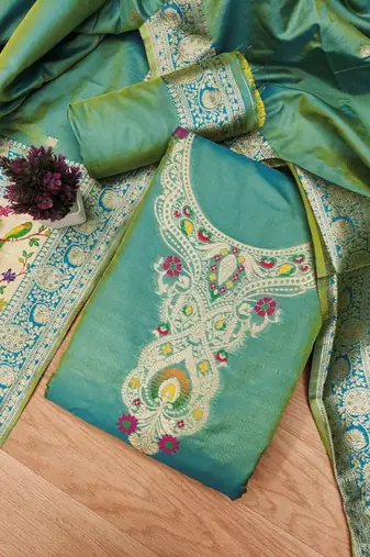 Ethnic Motifs Woven Design Zari Pure Silk Unstitched Dress Material