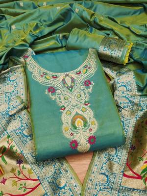 Ethnic Motifs Woven Design Zari Pure Silk Unstitched Dress Material 2