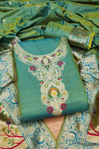 Ethnic Motifs Woven Design Zari Pure Silk Unstitched Dress Material