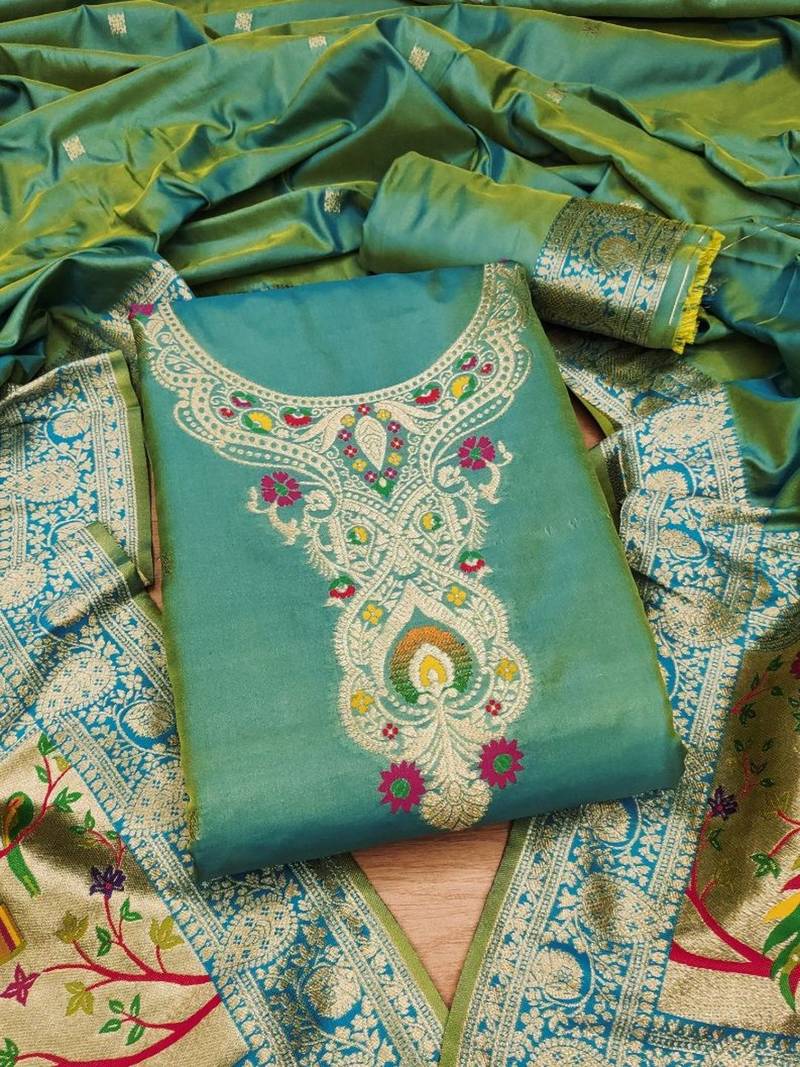 Ethnic Motifs Woven Design Zari Pure Silk Unstitched Dress Material